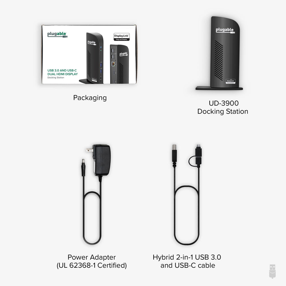 Plugable UD-3900 next to laptop to show size and portability for cramped workspaces