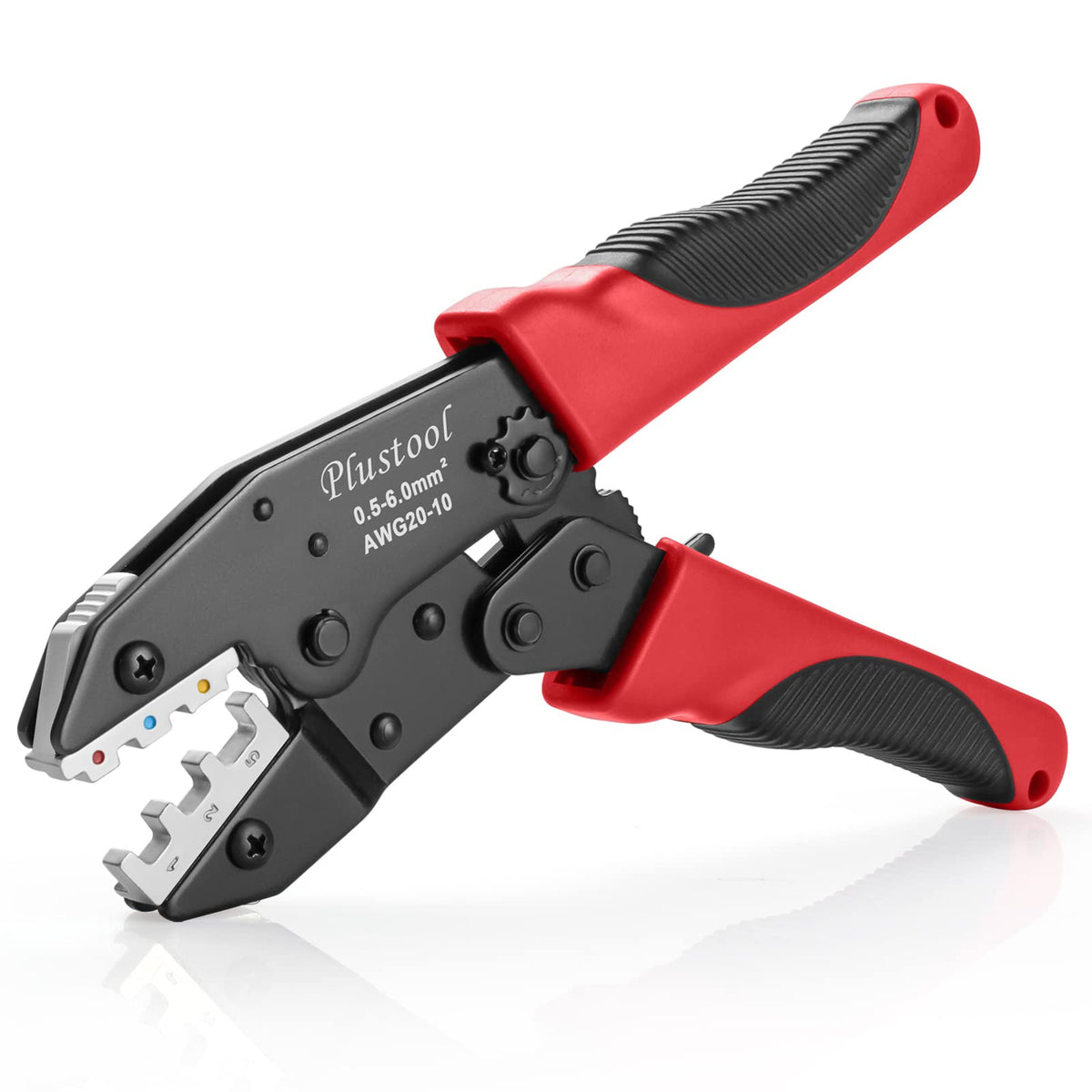 Plustool front view crimper showing jaws and ratchet for reliable crimps