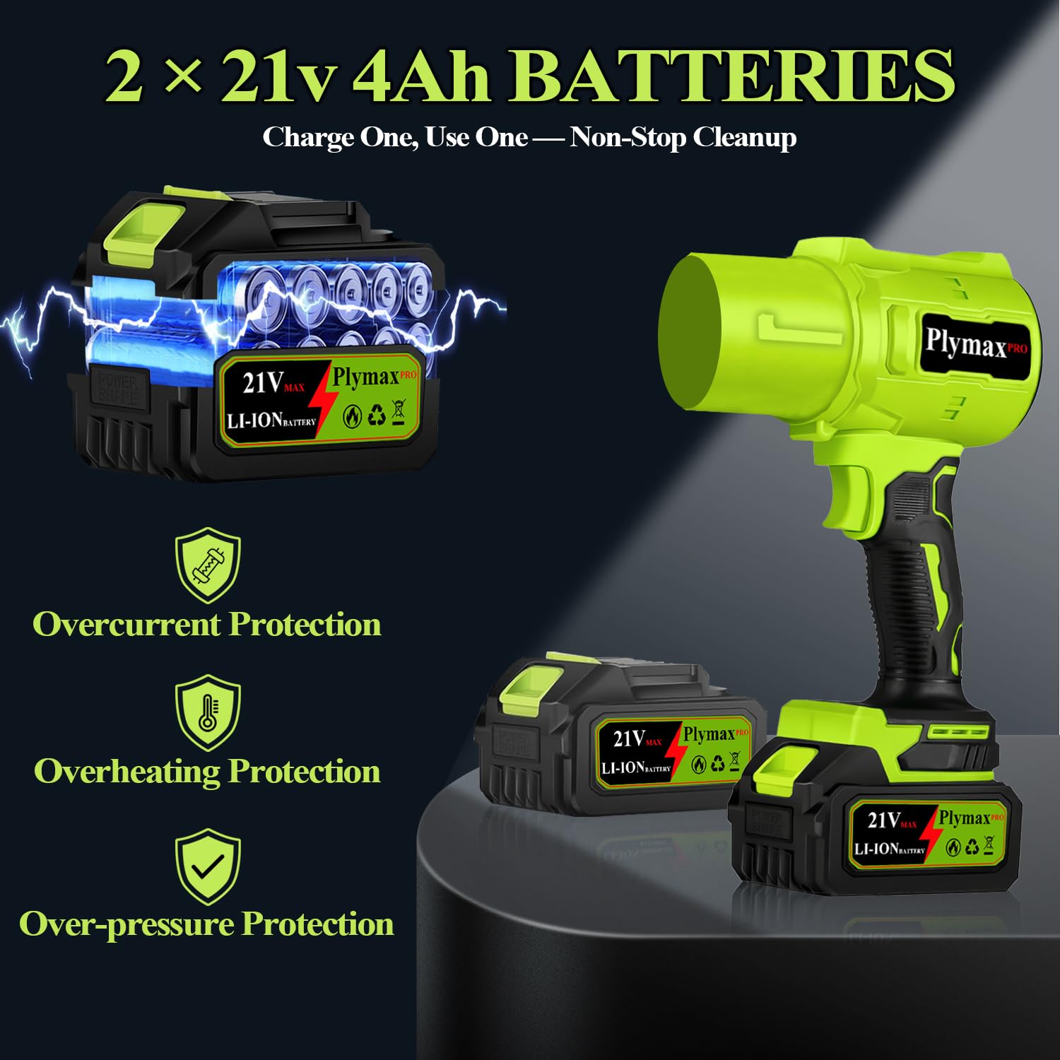 Plymax two batteries and charger laid out for long runtime benefit