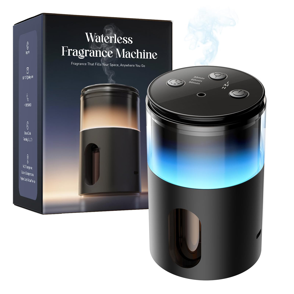 Pmsusoow diffuser front view showing sleek cylindrical design and controls
