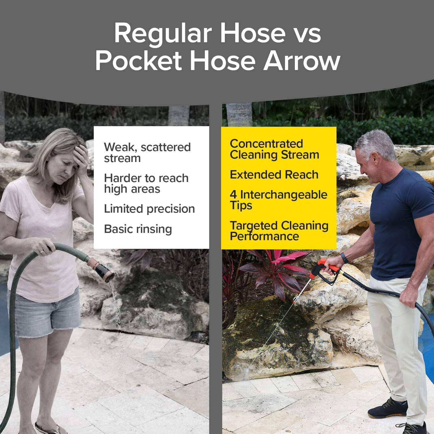 Pocket Hose Arrow used cleaning a patio in a backyard, versatile home maintenance benefit