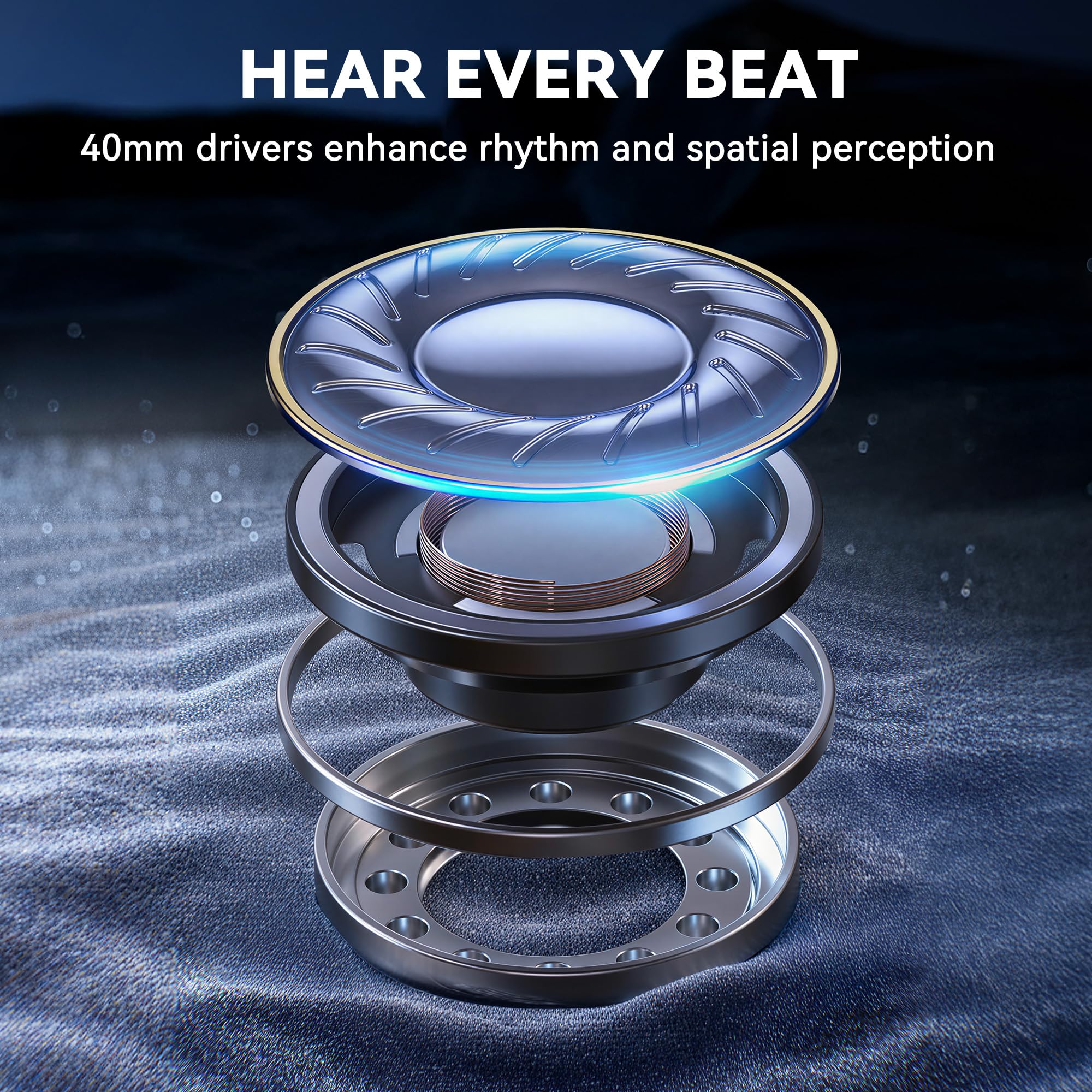 Pointcinco 40mm driver detail highlighting driver construction and audio clarity benefit