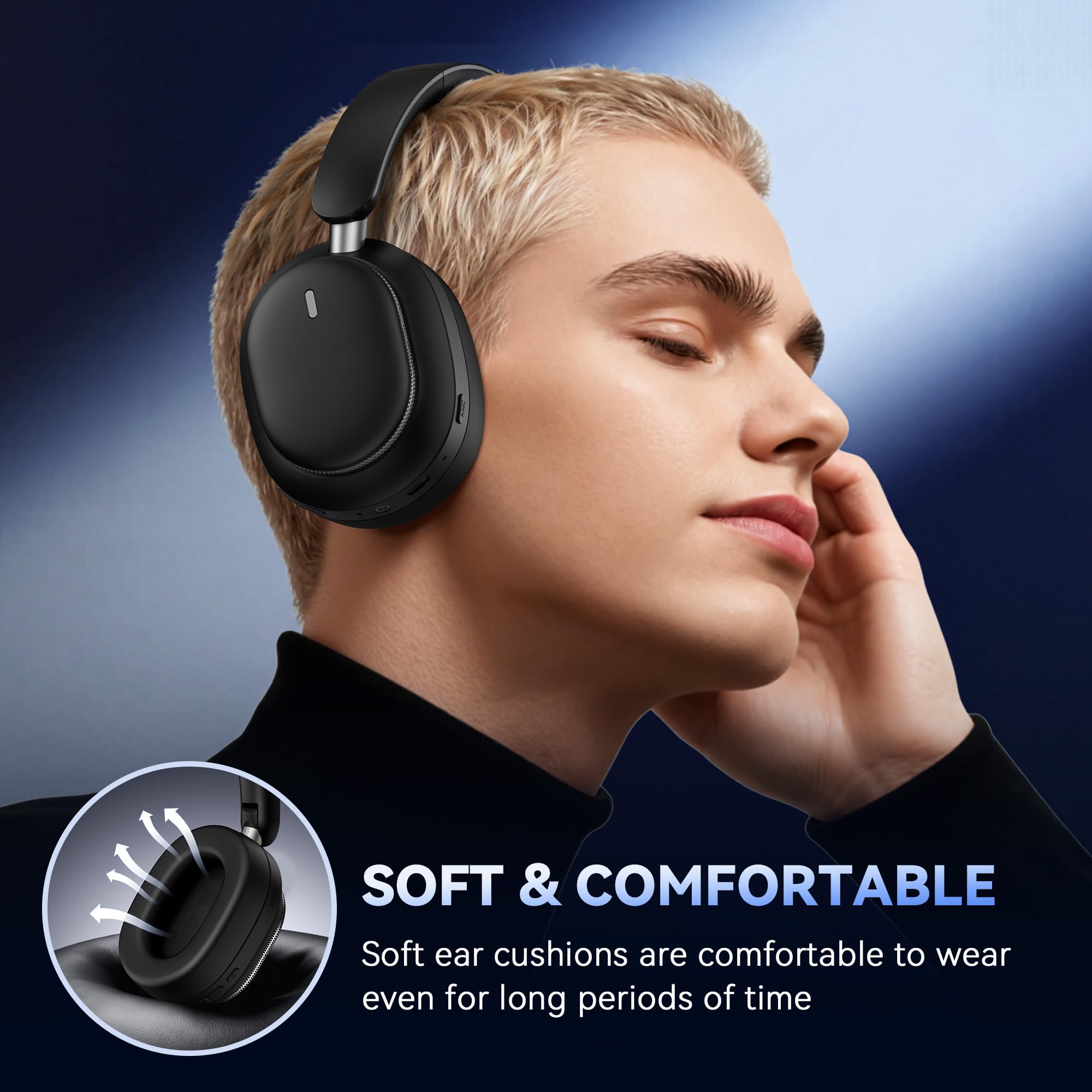 Pointcinco on head during commute demonstrating fit and ANC use for focused listening benefit