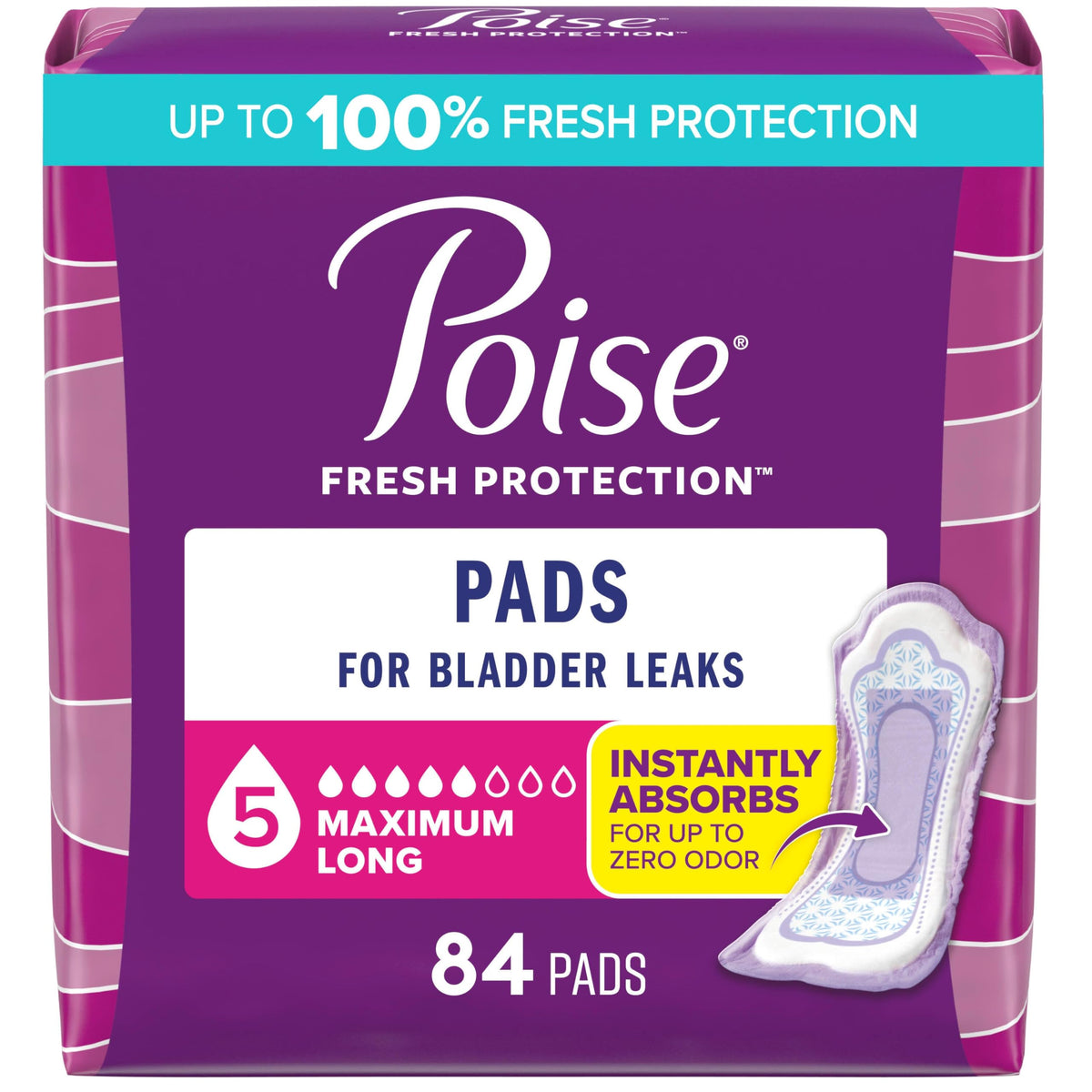 Poise front packaging 84 count showing product and absorbency benefits
