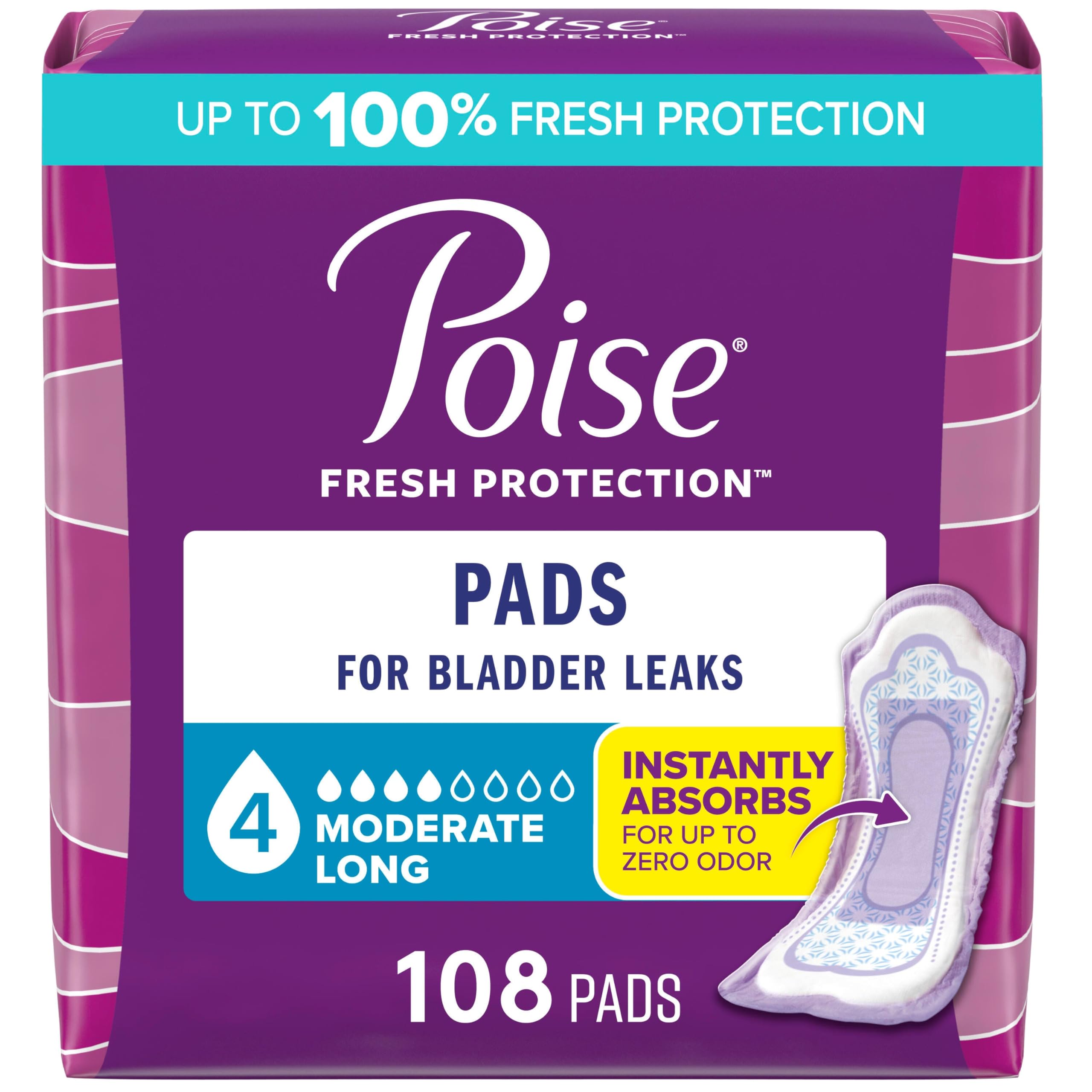 Poise front packaging long 108ct showing count and benefits for reliable supply