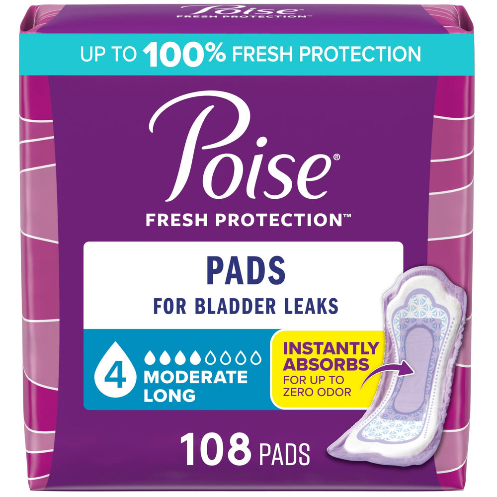 Poise front packaging long 108ct showing count and benefits for reliable supply