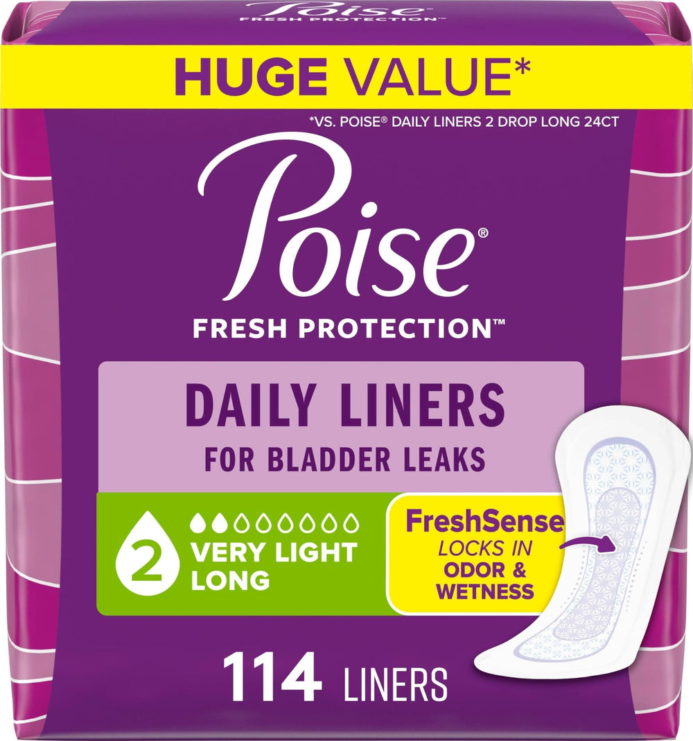 Poise front packaging showing long 114-count liners and product benefits