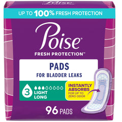 Poise front packaging showing 96 count and long pad benefits for discreet protection