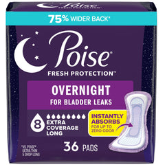 Poise front packaging showing product name and benefits for overnight protection