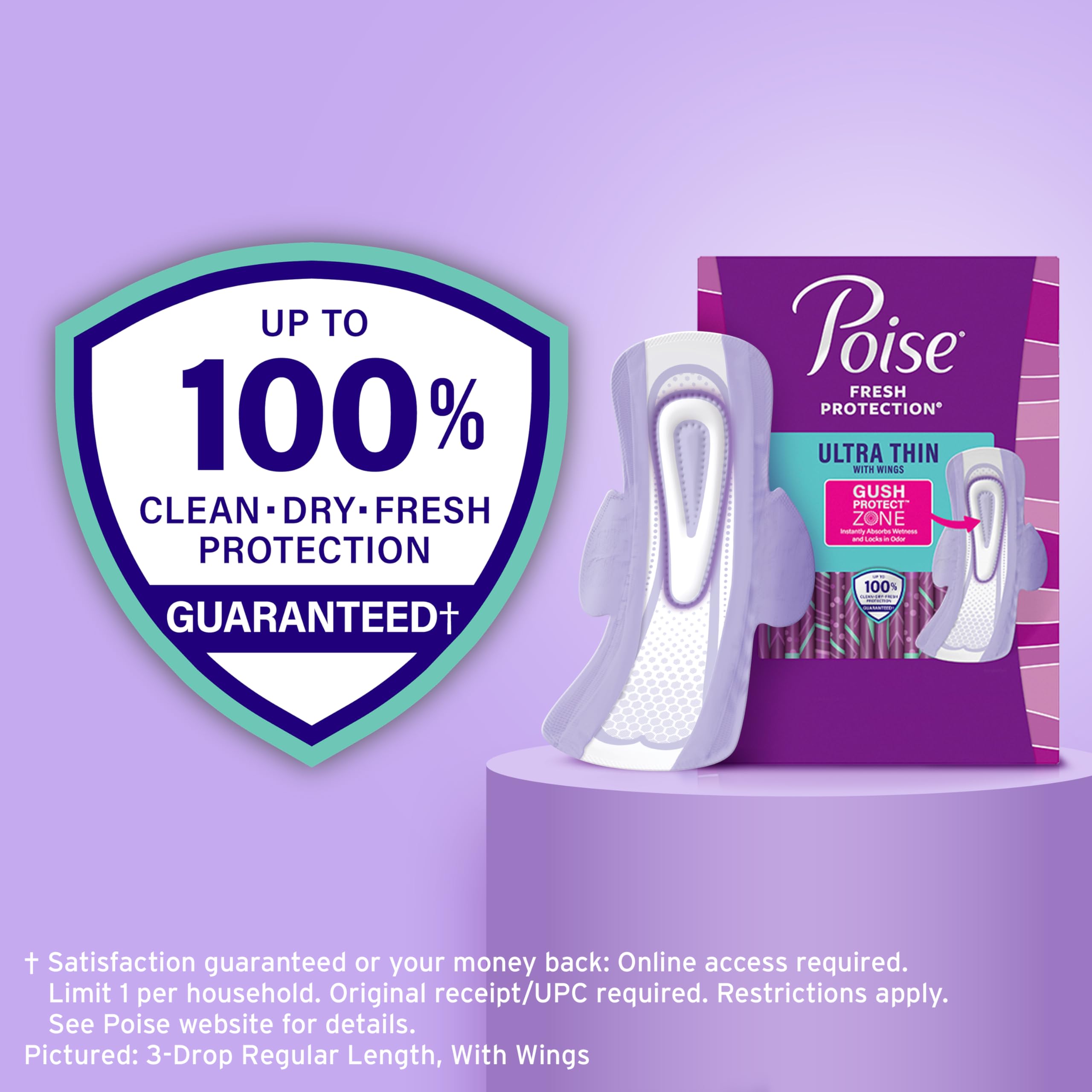 Poise product label highlighting absorbency, wings, and odor control