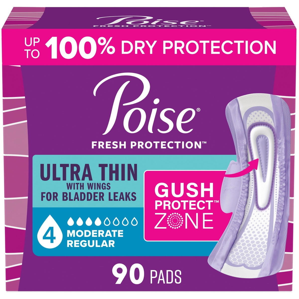 Poise front packaging showing 4 Drop moderate absorbency and count benefit