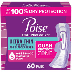 Poise front packaging showing 60-count long pads and brand