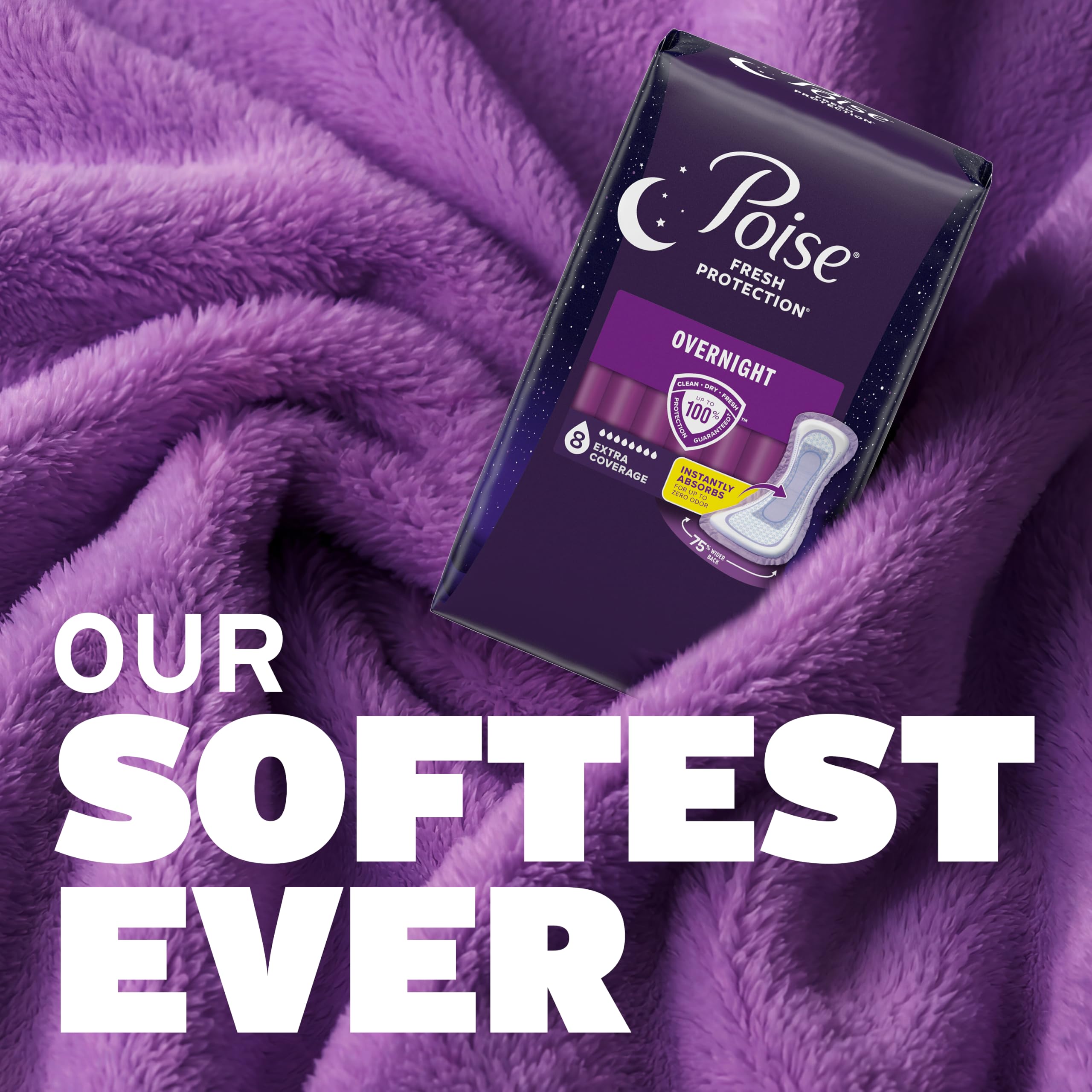 Poise pad on bedside table to show convenience for nightly use and reassurance