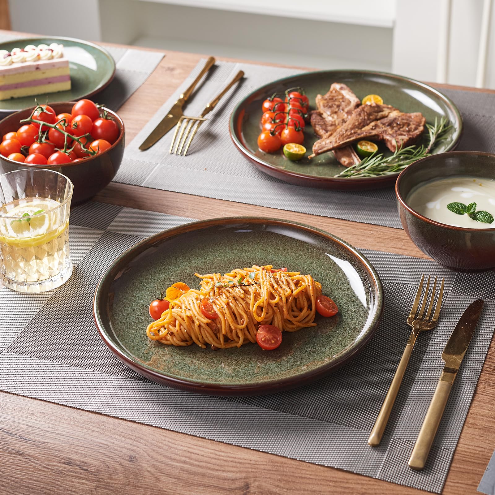 Pokini plates next to common utensils for size comparison and serving clarity