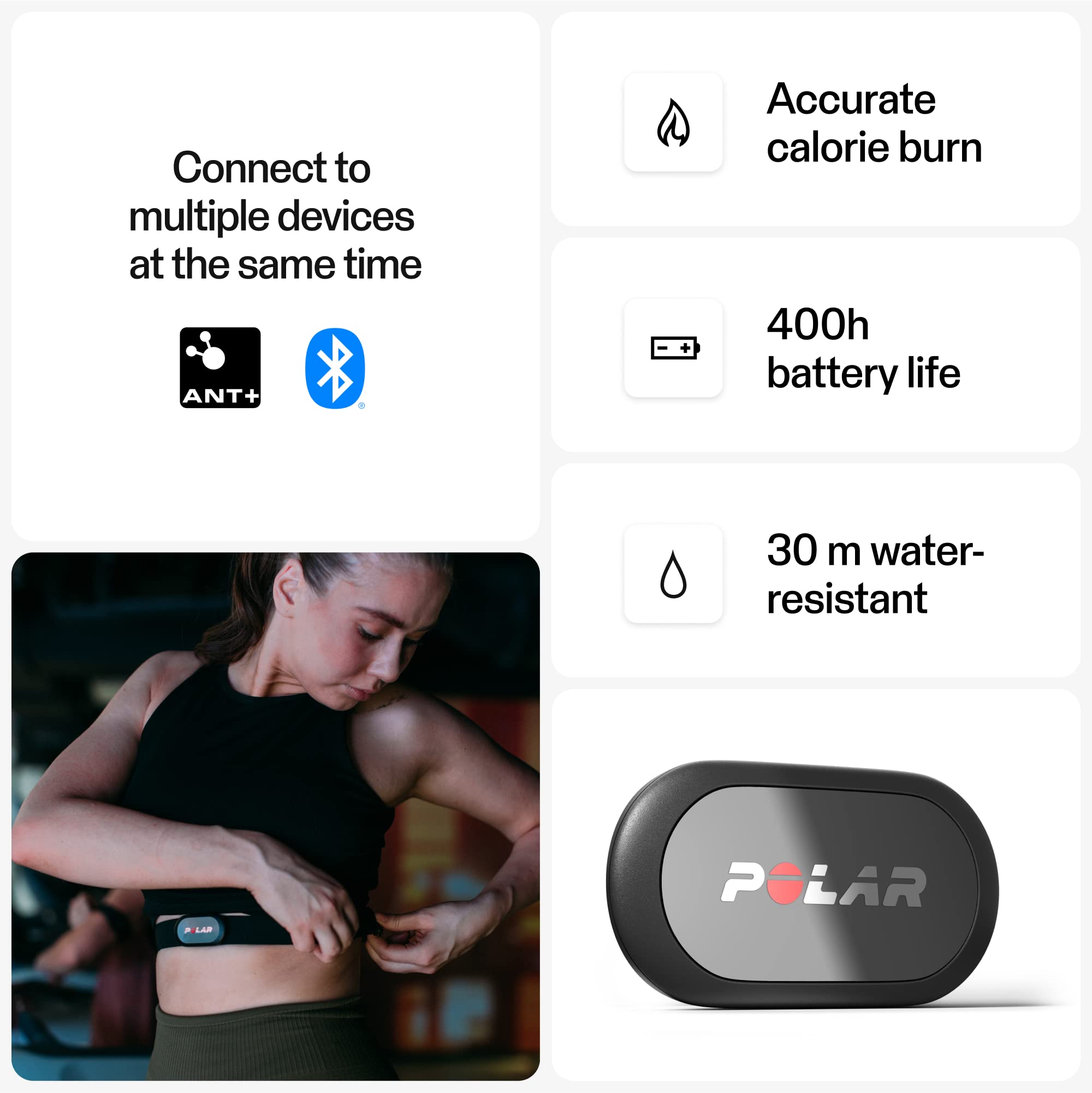 POLAR H9 sensor with CR2025 battery visible for long-lasting performance