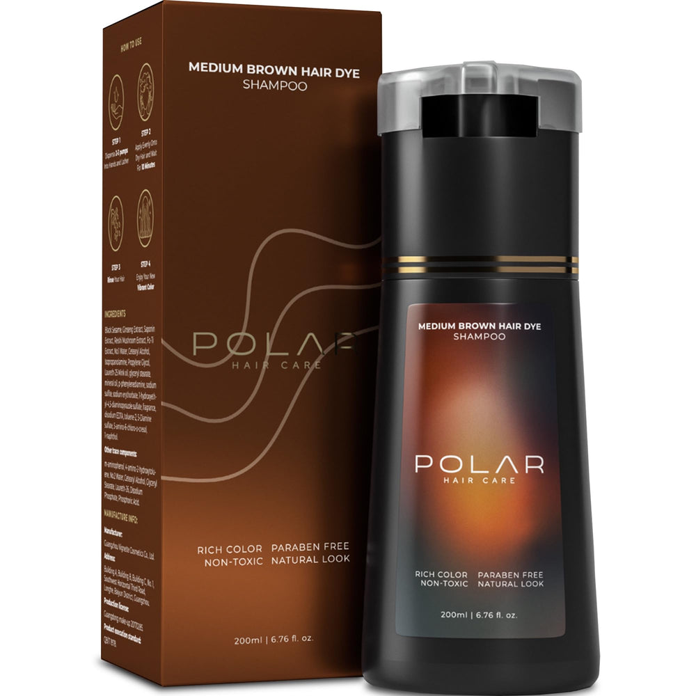 POLAR HAIR CARE front bottle showing medium brown shade and quick color benefit