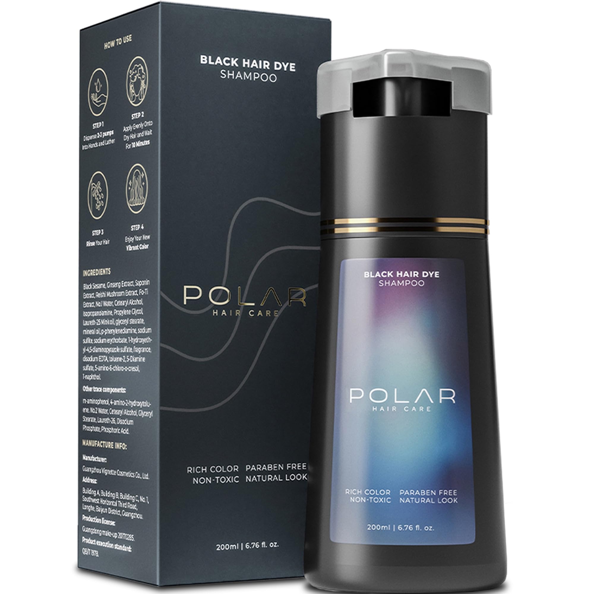 POLAR HAIR CARE front packaging showing jet black shampoo benefits