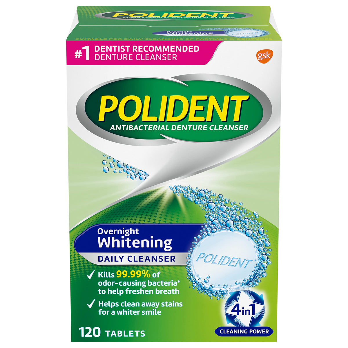 Polident box front showing product name and 120 count benefit