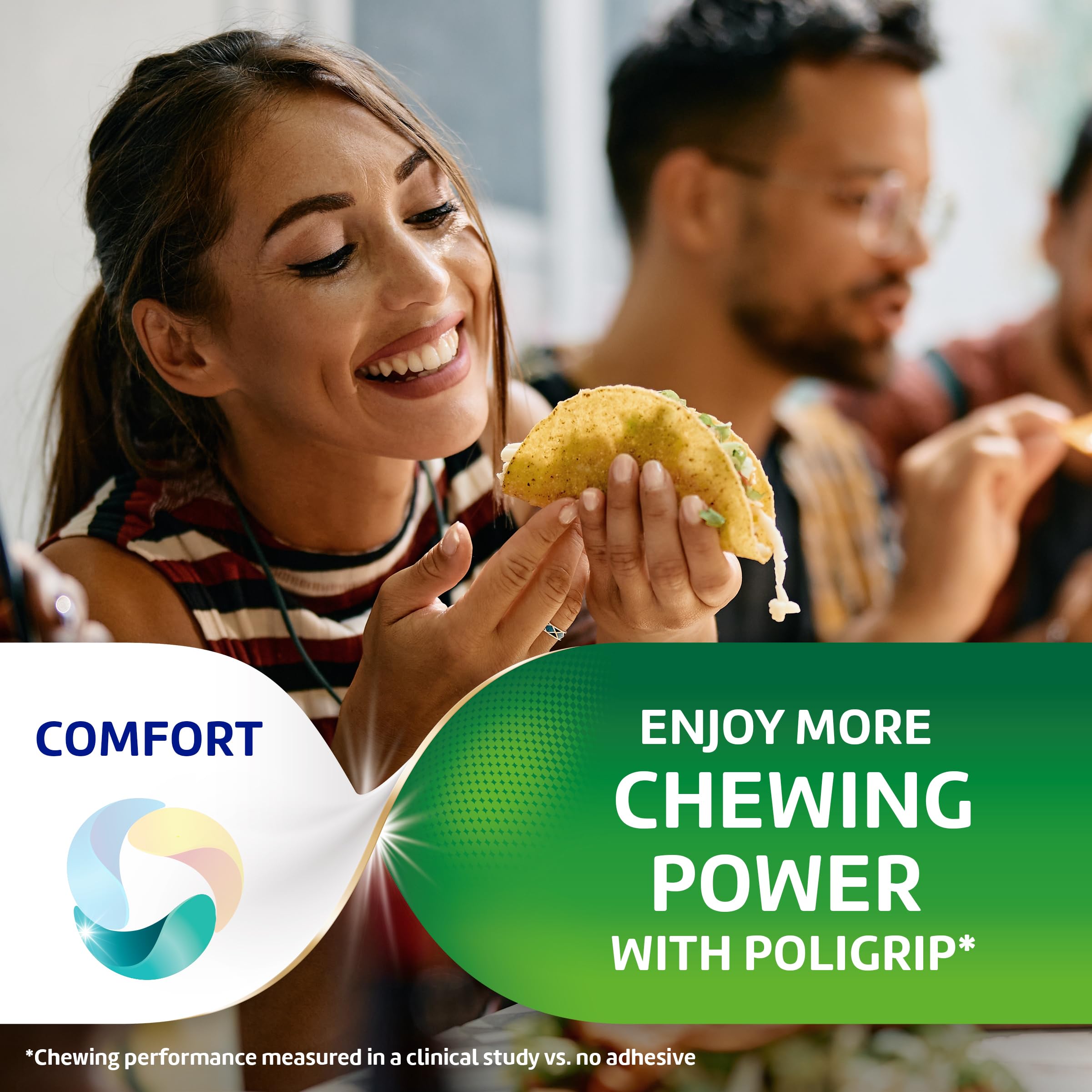 Super Poligrip on a denture held in hand showing secure fit confidence