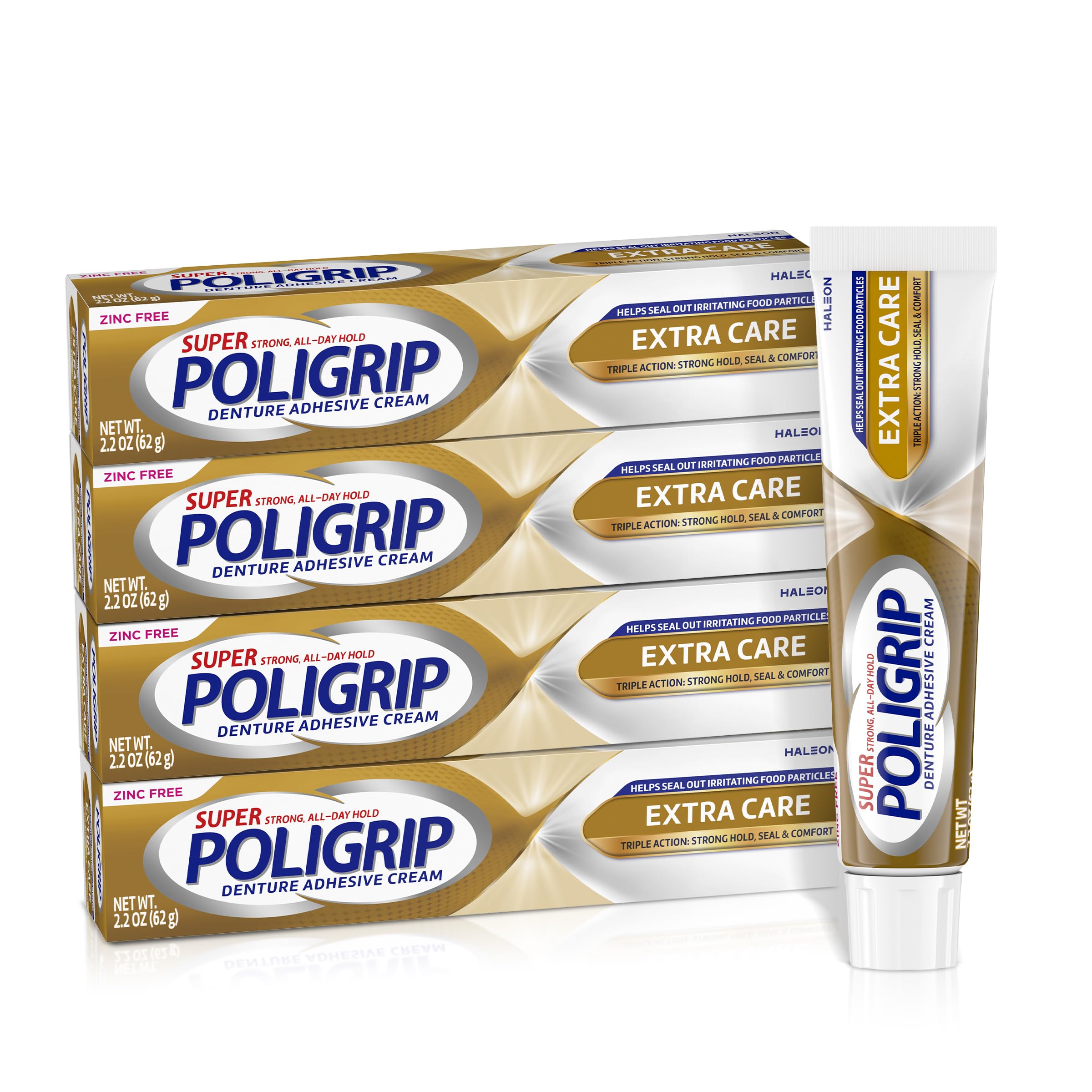 Super Poligrip front packaging showing four tubes and product benefits