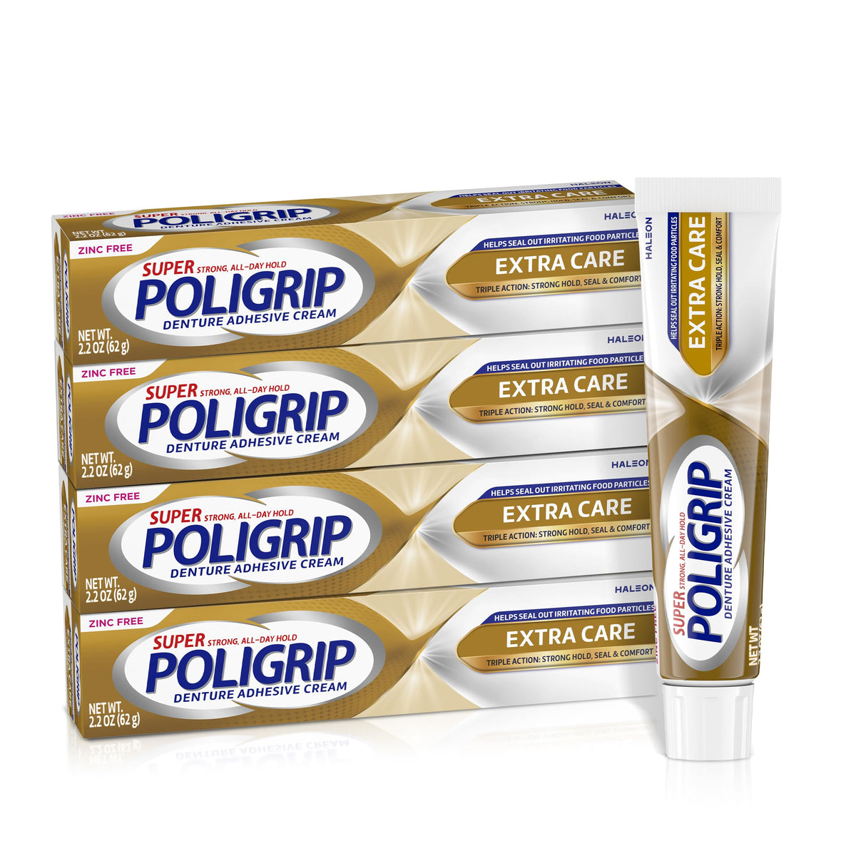 Super Poligrip front packaging showing four tubes and product benefits