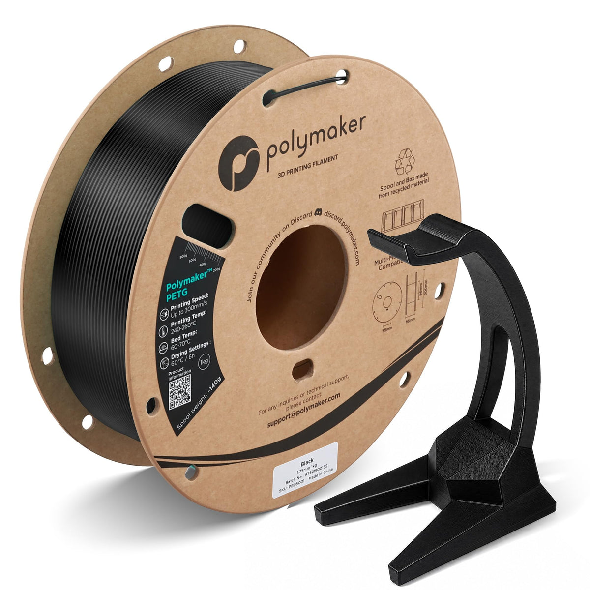 Polymaker PETG spool front view showing black filament and clear branding for reliable printing