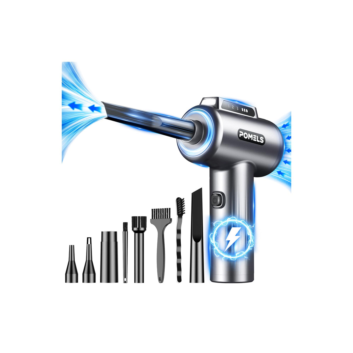 POMELS front view showing compact cordless duster and ergonomic grip for easy handling