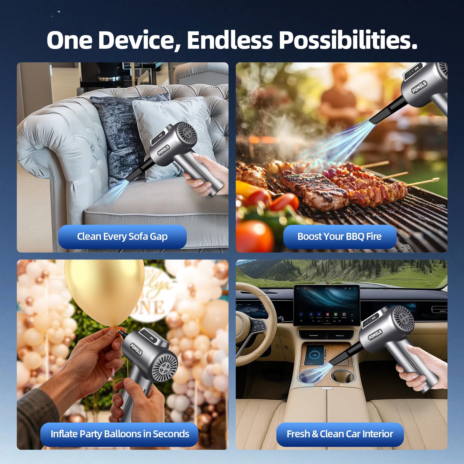 POMELS blowing dust from a keyboard to protect electronics and improve performance
