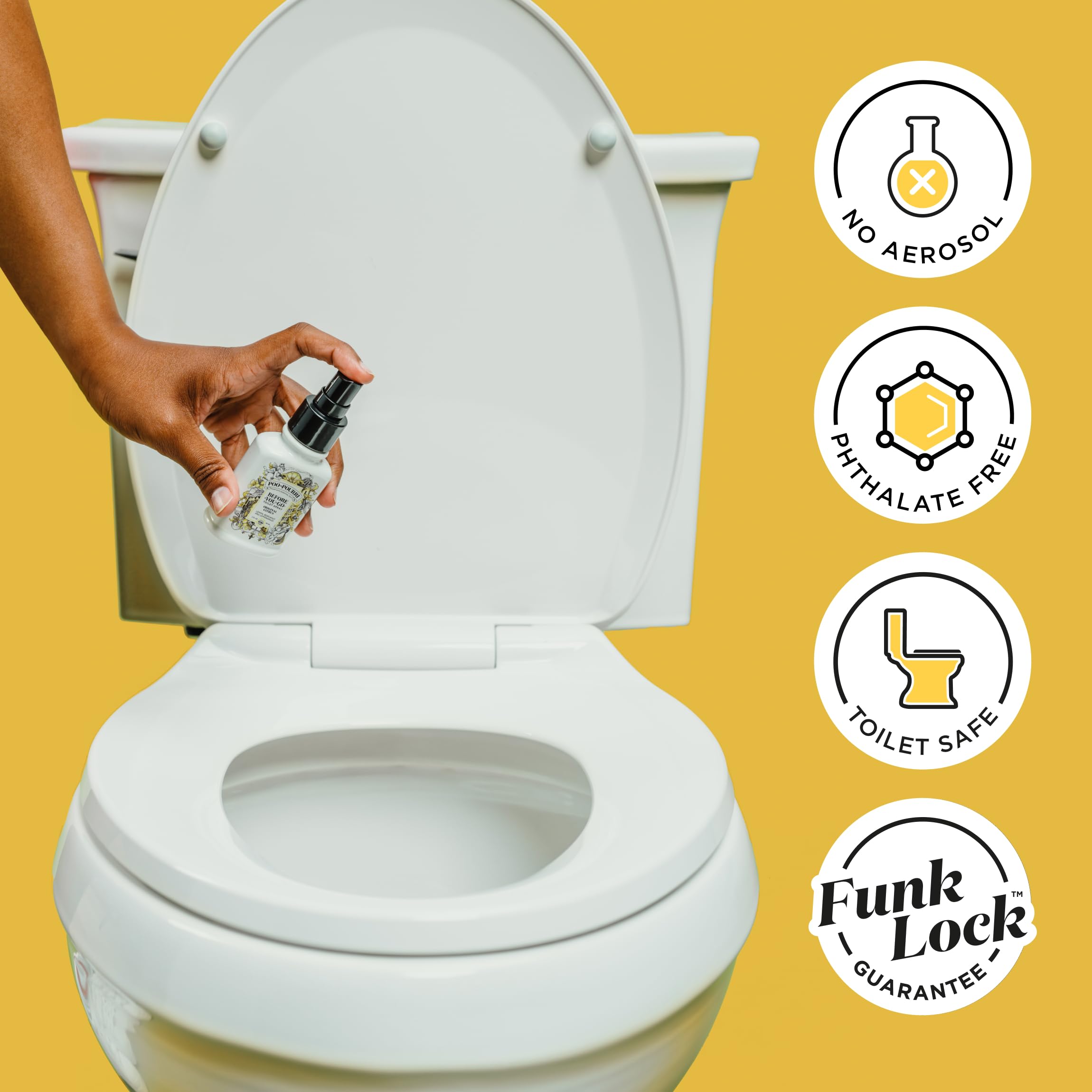 Poo-Pourri bottle on bathroom shelf adding discreet freshness and style