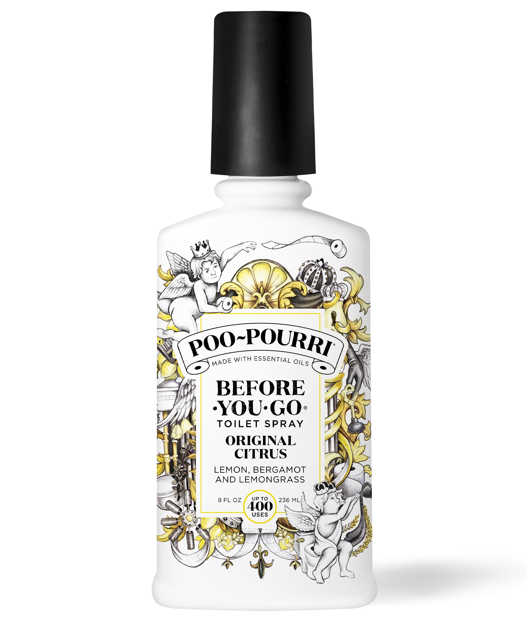 Poo-Pourri bottle front label showing Original Citrus and benefits