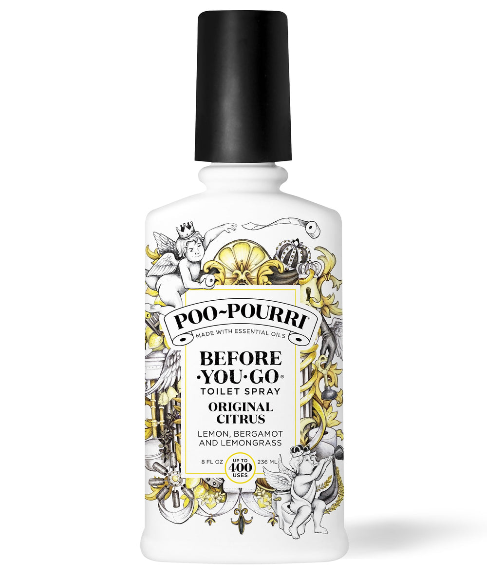 Poo-Pourri bottle front label showing Original Citrus and benefits
