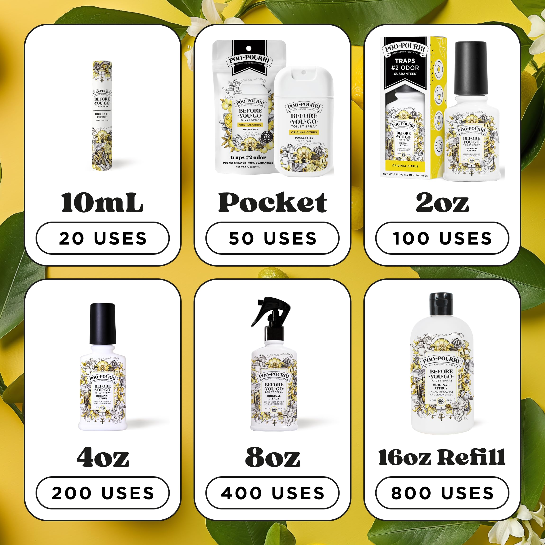 Fresh citrus ingredients arranged with Poo-Pourri bottle showing natural oils