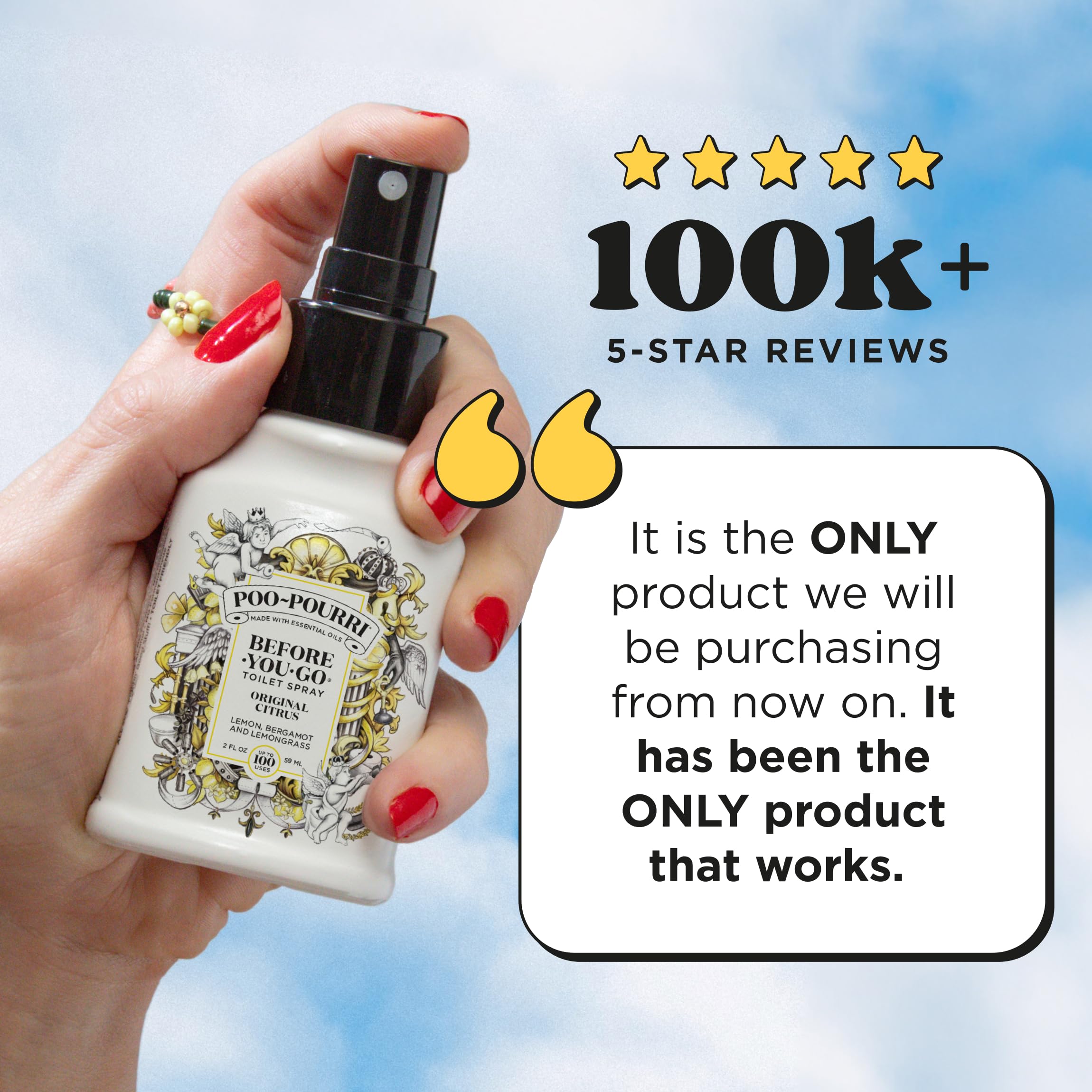 Fine citrus mist from Poo-Pourri showing coverage and odor trapping