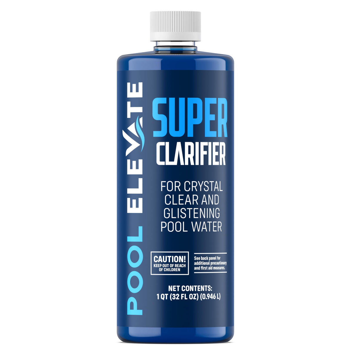 POOL ELEVATE front label of 32 oz clarifier showing product name and benefits