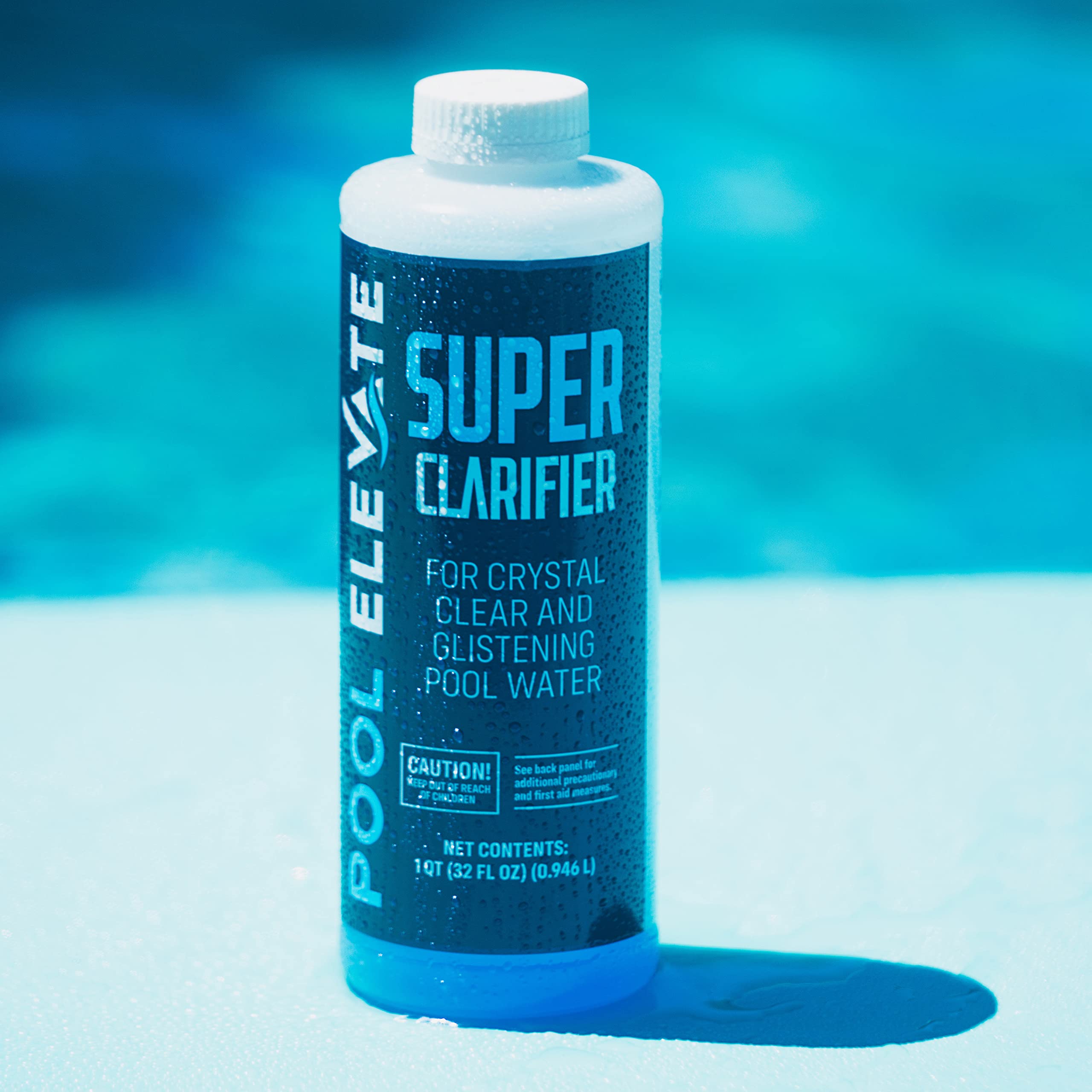 POOL ELEVATE bottle in hand for scale showing compact, easy-to-store size