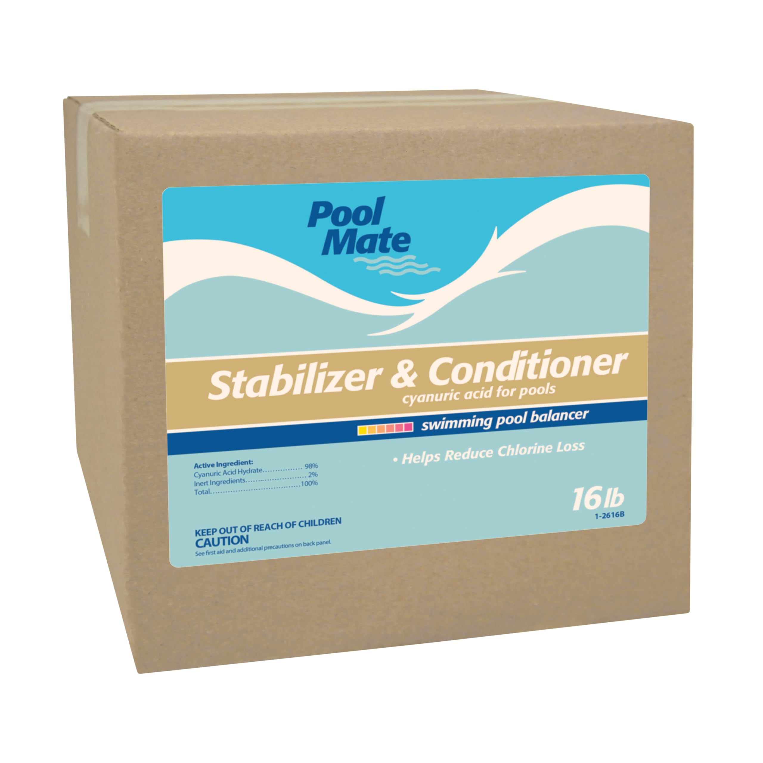 Pool Mate front label showing product name and stabilizer benefits for clearer pool care