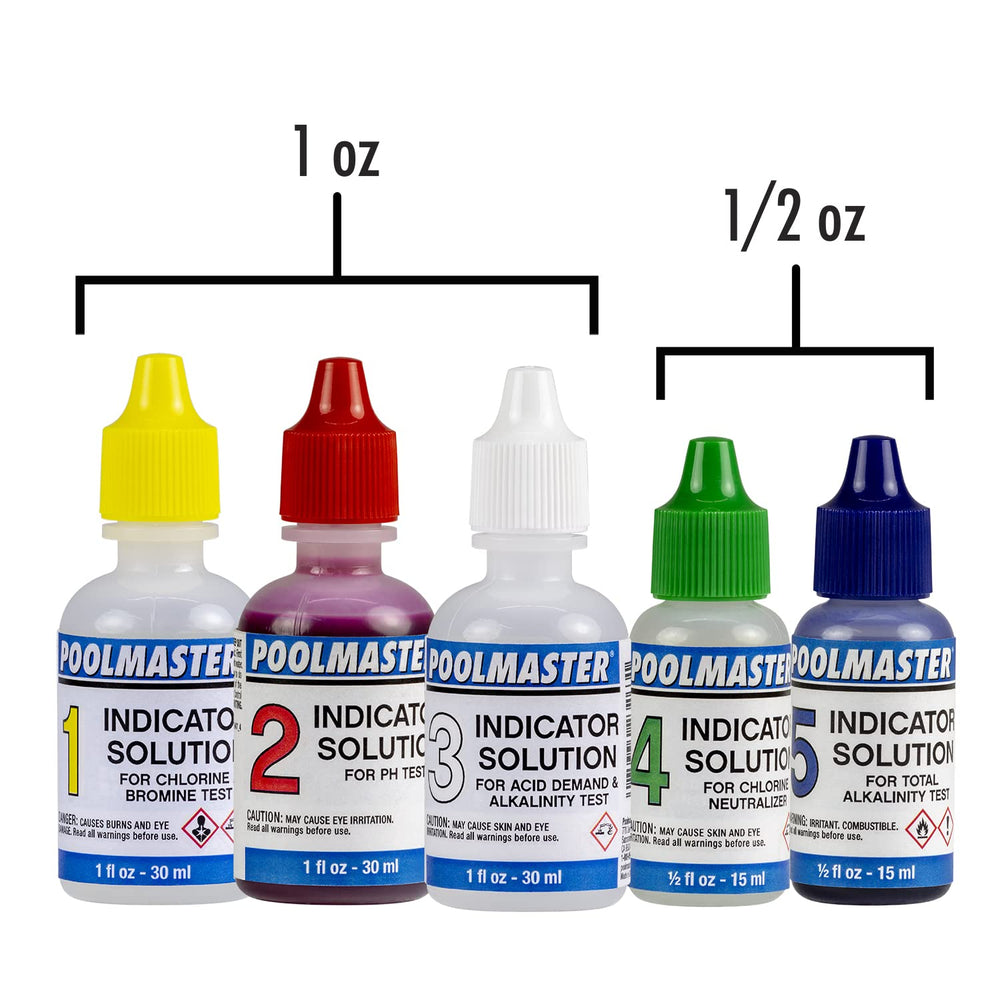 Poolmaster reagent bottles arranged to show included Solution #1-#5
