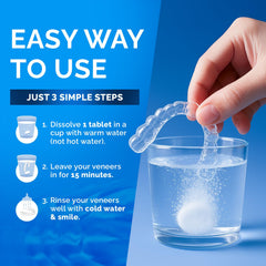 POP ON VENEERS dental appliance soaking in cup showing gentle cleaning benefit