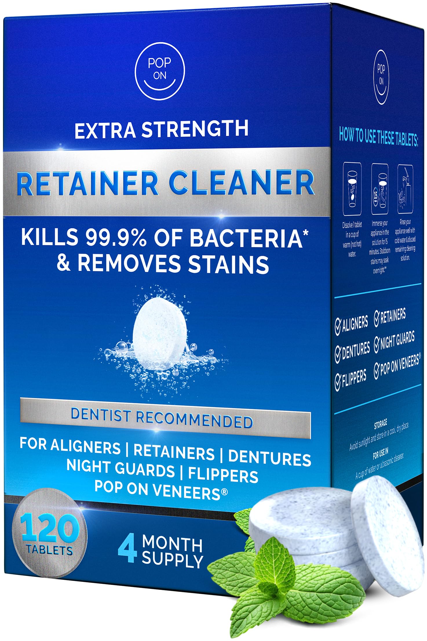 POP ON VENEERS front packaging showing 120 tablets and mint benefit