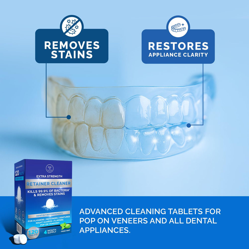 POP ON VENEERS tablet fizzing in water demonstrating fast stain removal