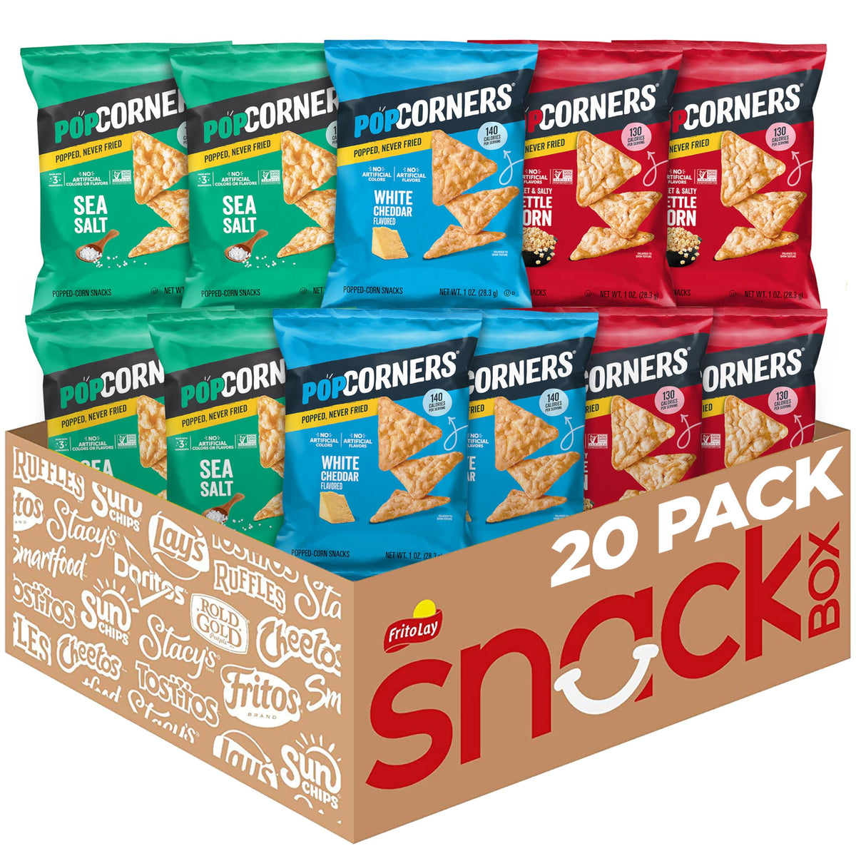 PopCorners front packaging showing three flavors and portion packs for convenient snacking