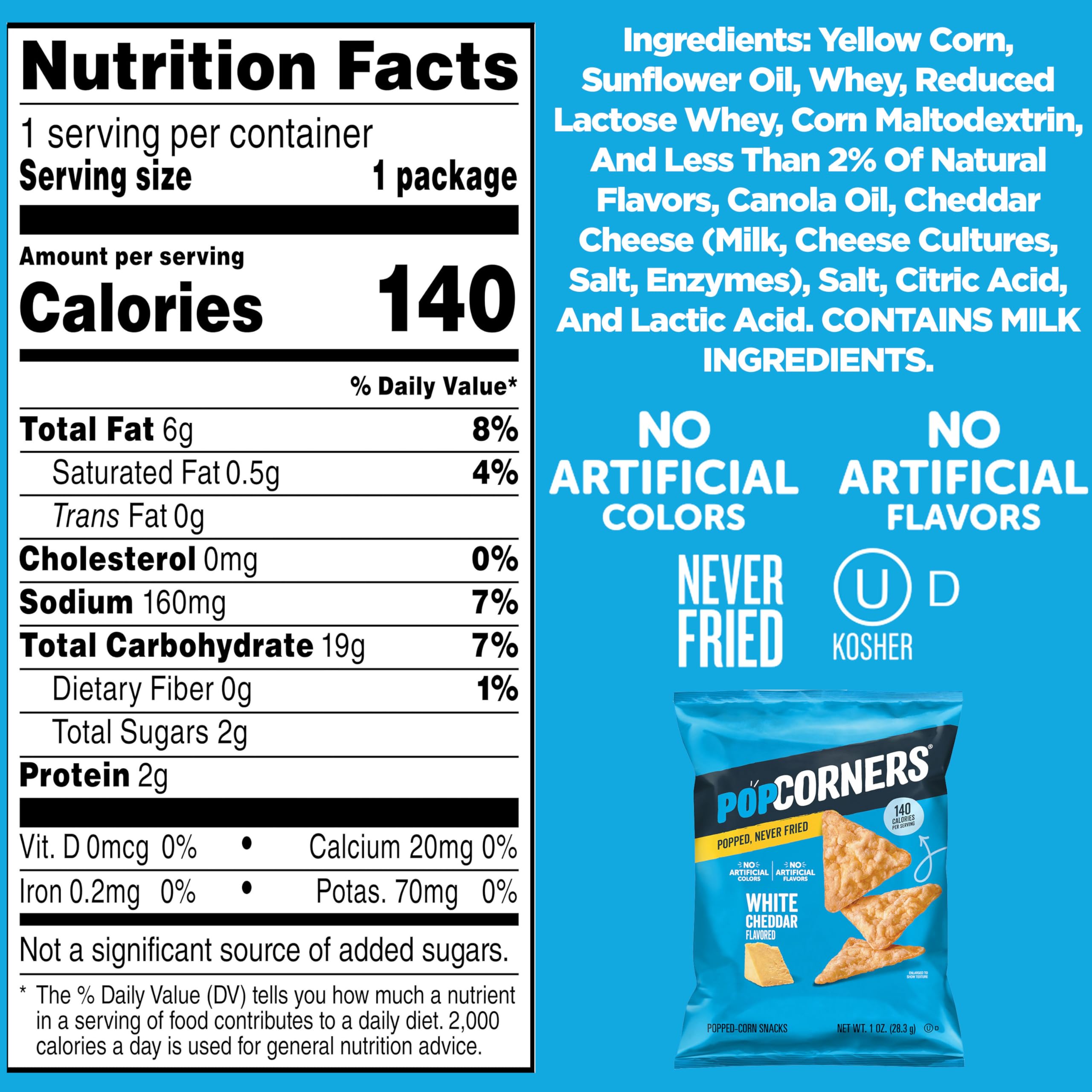 PopCorners white cheddar open pouch with popped chips ready to eat