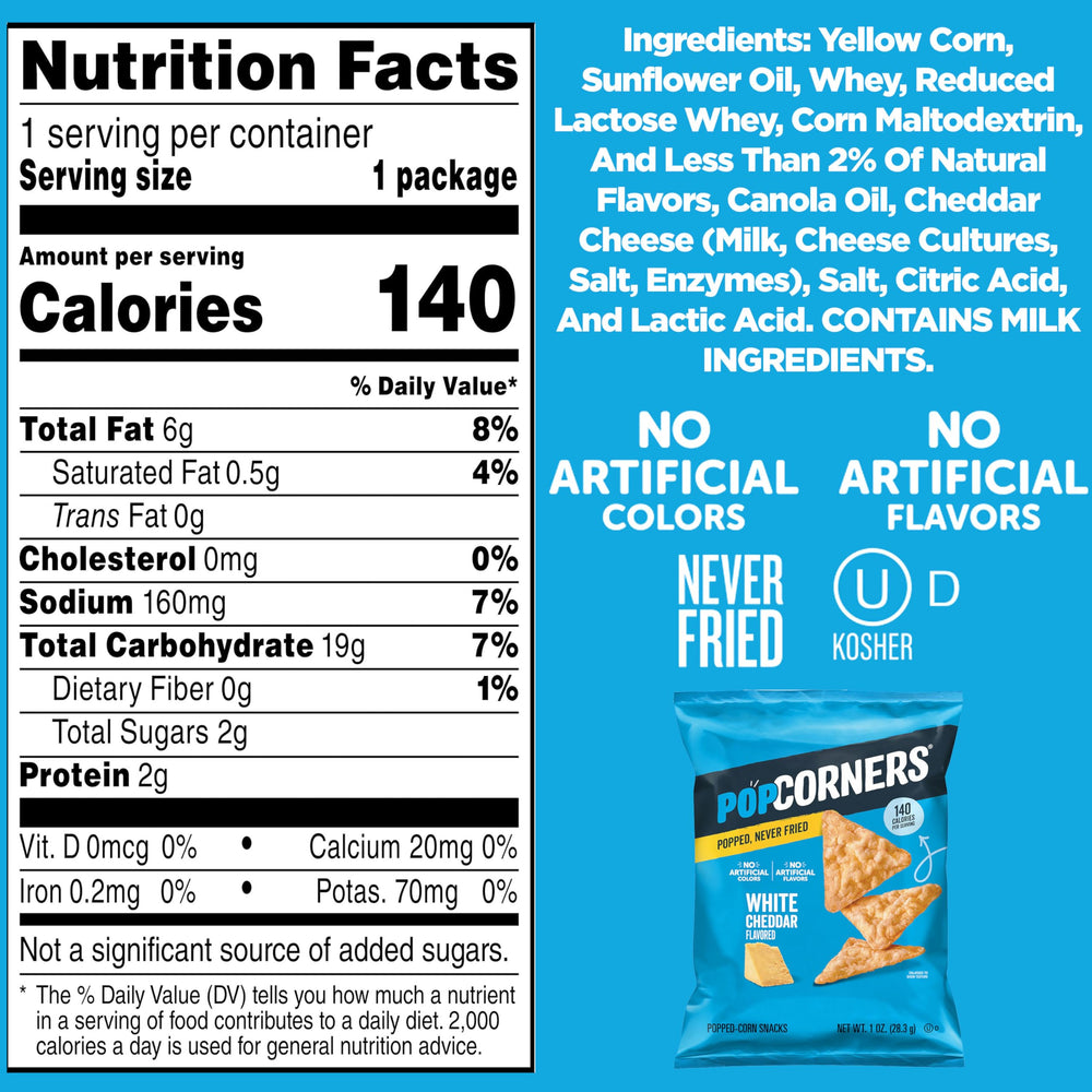 PopCorners white cheddar open pouch with popped chips ready to eat