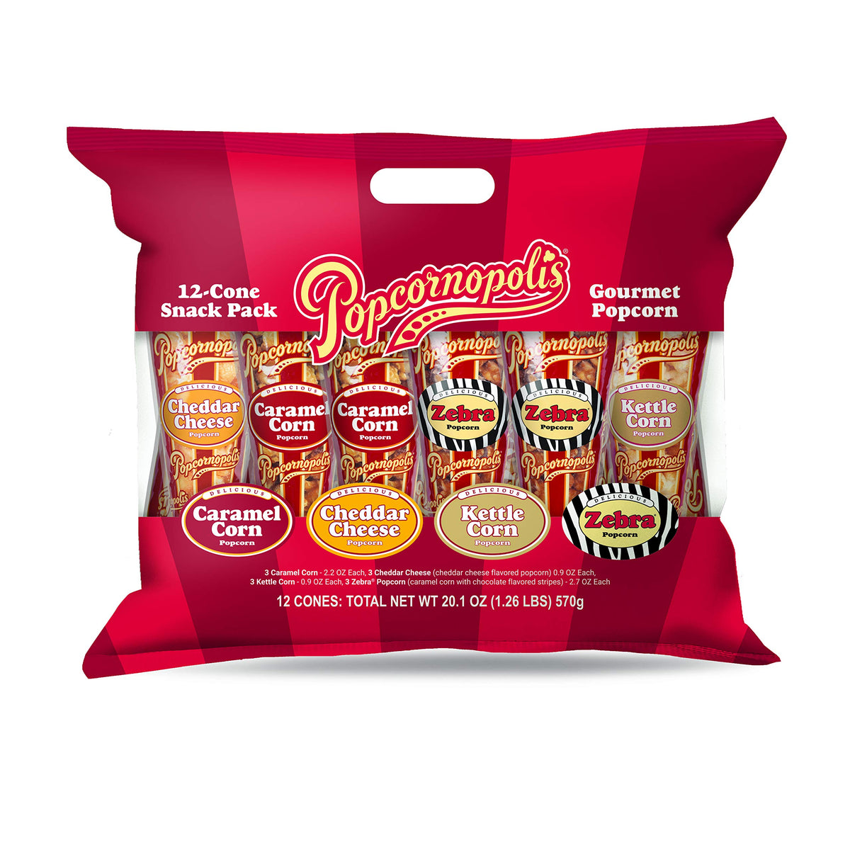 Popcornopolis front packaging showing 12 mini cones and striped logo for gift appeal