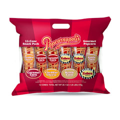 Popcornopolis front packaging showing 12 mini cones and striped logo for gift appeal