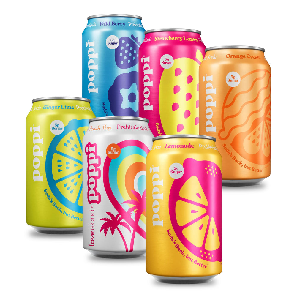 Poppi Bombshells front packaging showing assorted cans and flavor variety benefit