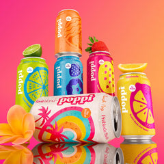 Poppi Bombshells top view of twelve cans highlighting colorful labels and convenience