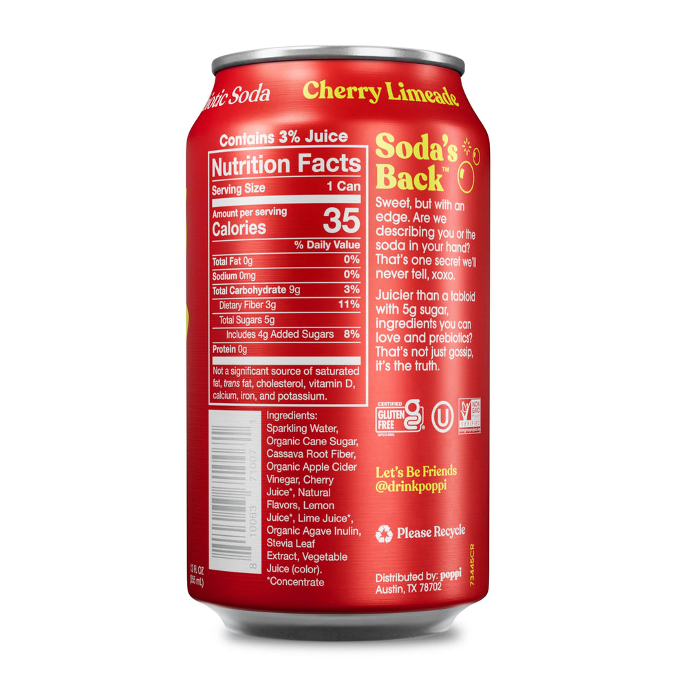 Close-up of Poppi Cherry Limeade label highlighting ingredients and prebiotic fiber benefits