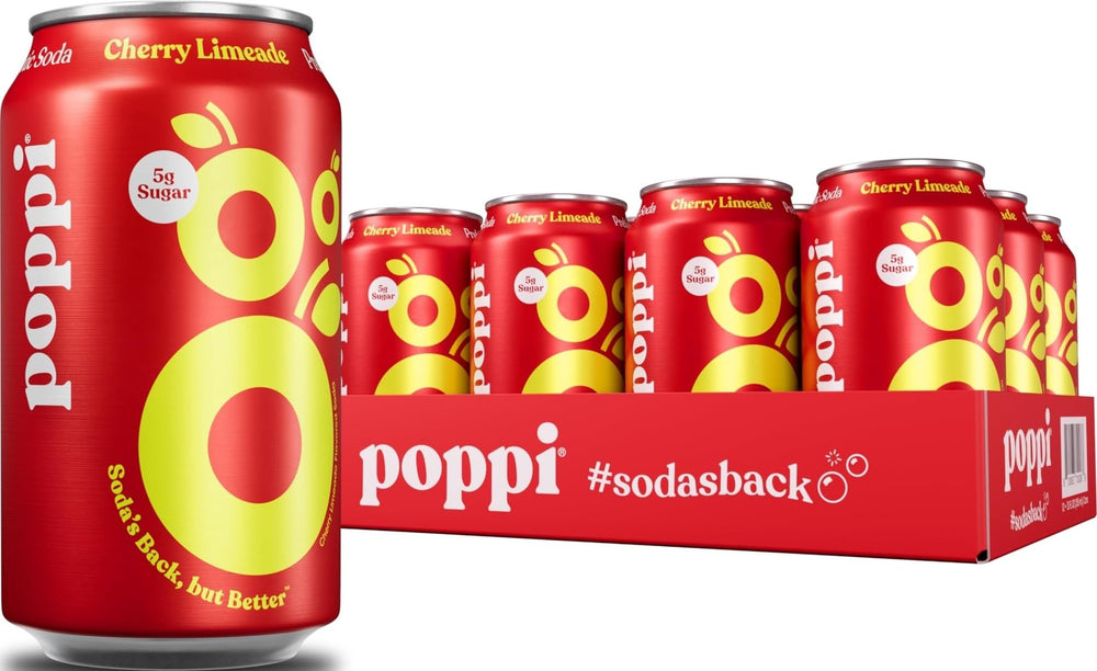 Poppi Cherry Limeade front can showing branding and vivid fruit imagery for instant refreshment