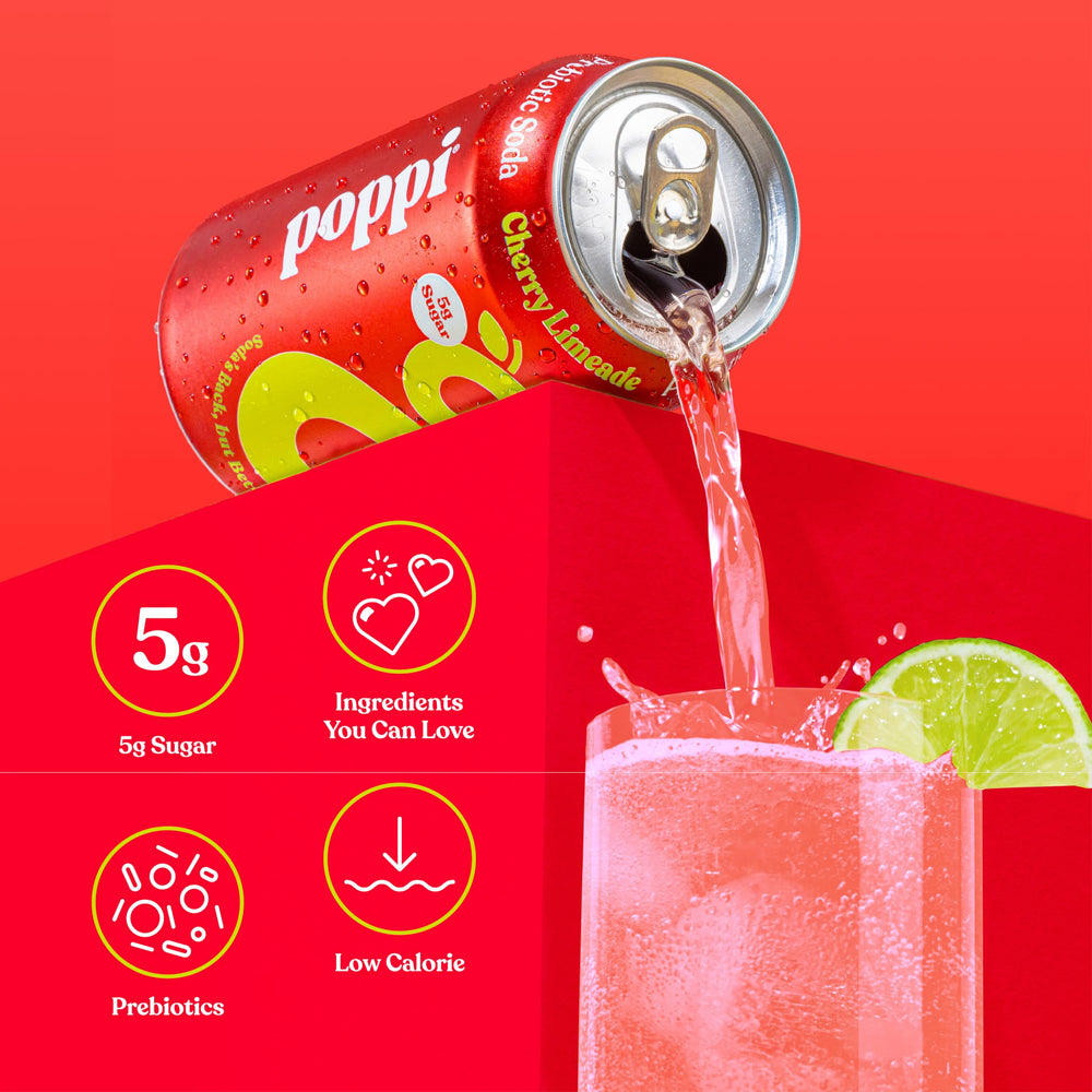 Twelve-pack of Poppi Cherry Limeade stacked in a fridge for convenient chilled availability